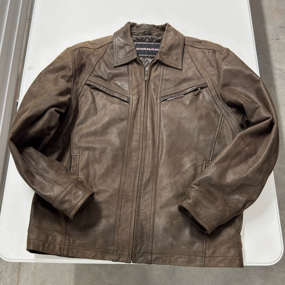 Charles Klein Leather Jacket Mens Large Brown Good Distressed Zip Front Moto